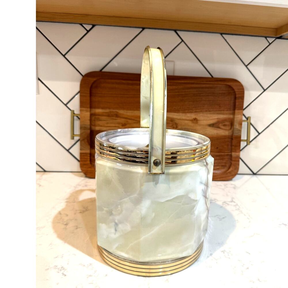 vintage mid-century modern insulated ice bucket faux-marble vinyl outer finish - Picture 3 of 15